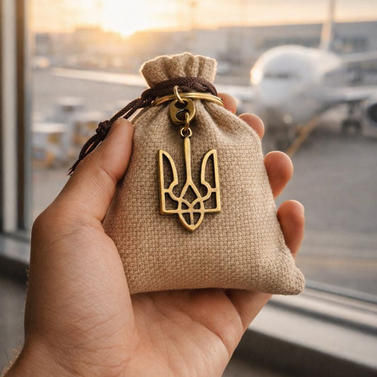 Hand holding a small brown bag with a gold trident pendant, airplane in the background