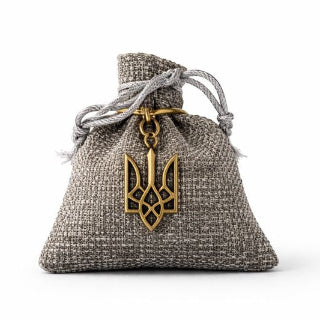 Textile bag with a gold emblem on a white background