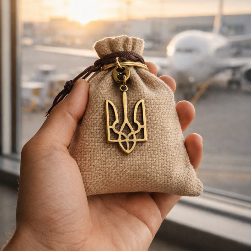Hand holding a small brown bag with a gold trident pendant, airplane in the background